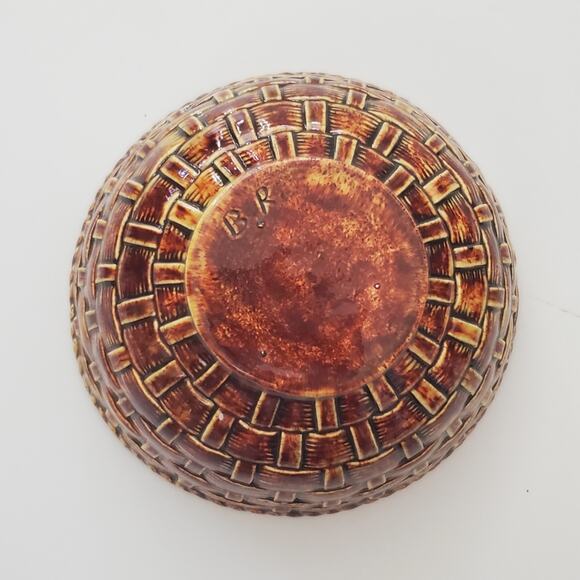 Vintage 70s Handcrafted Glazed Ceramic Basket Weave Bowl w/ 3D Fruit Flower Lid - Picture 6 of 10